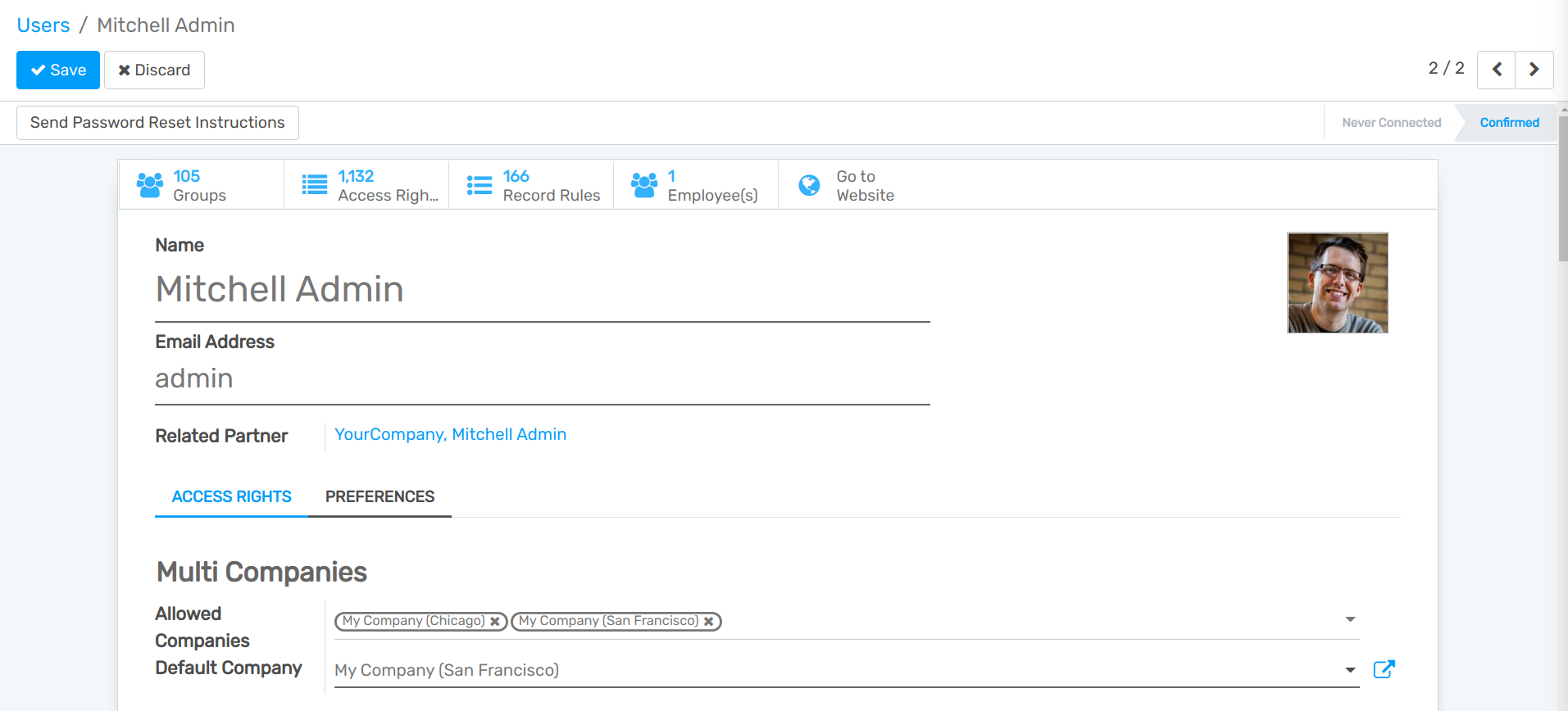 View of an user form emphasizing the multi companies field under the access rights tabs in openAPPone