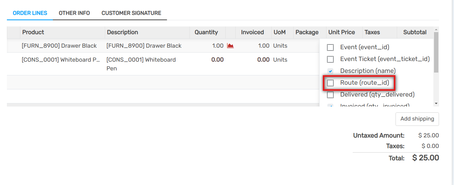 view of the menu allowing to add new lines to sales orders
