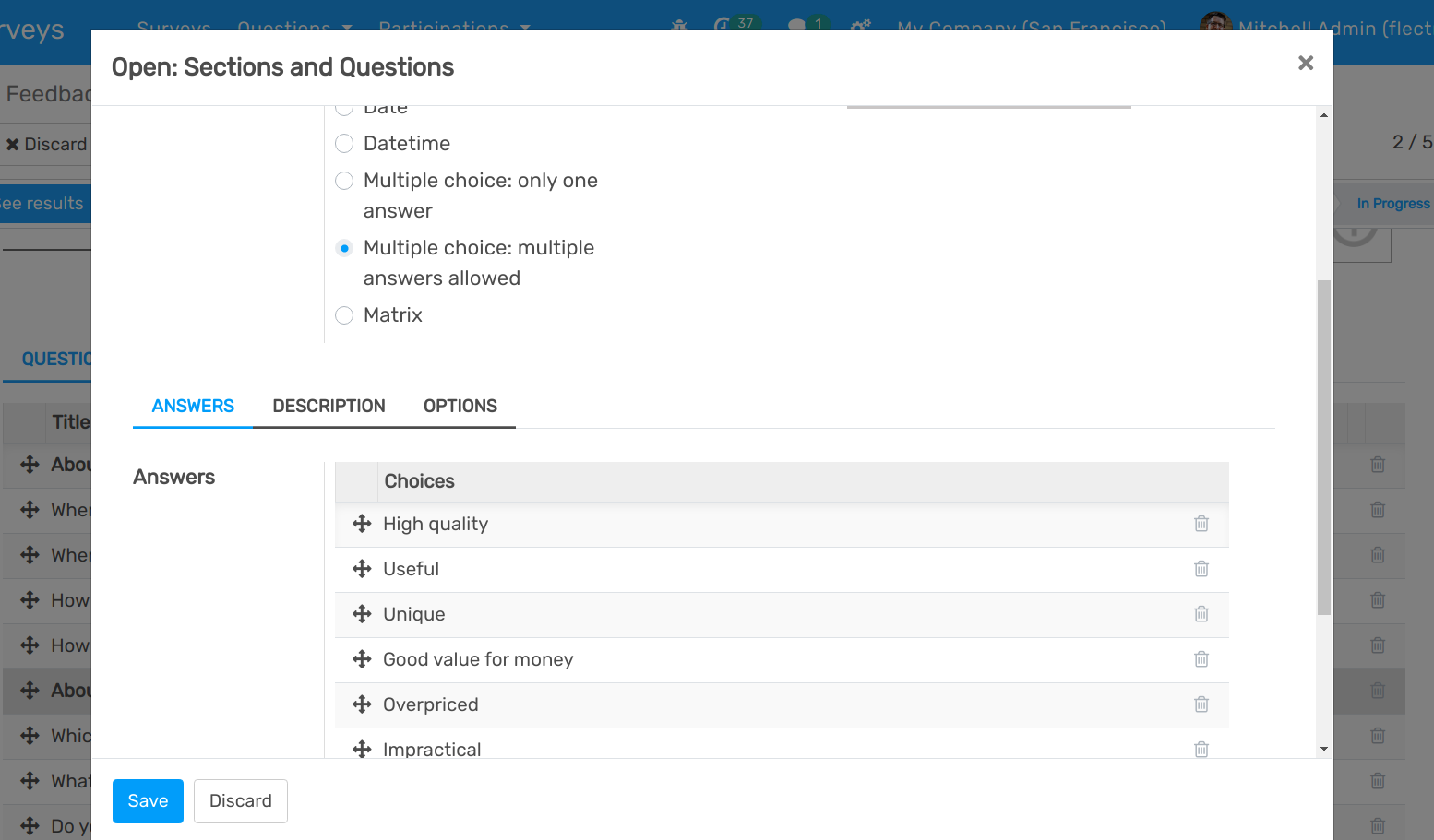 Form view of a survey showing a list of answers in openAPPone Surveys