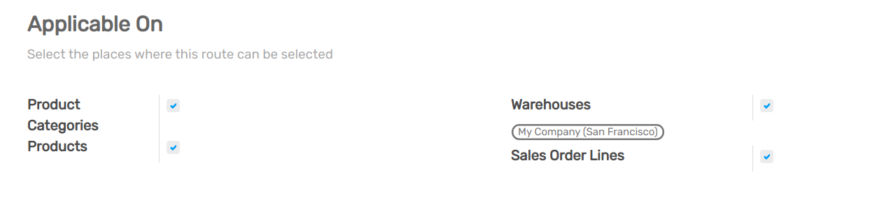 view of the route menu when selecting applicable on warehouse