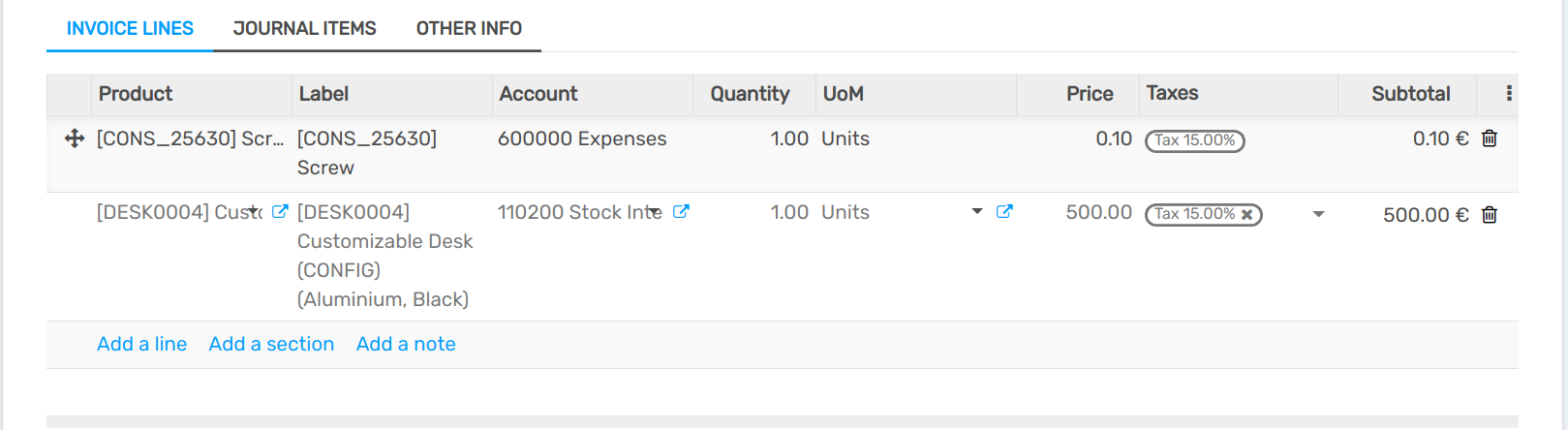 Selection of an Assets Account on a draft bill in openAPPone Accounting