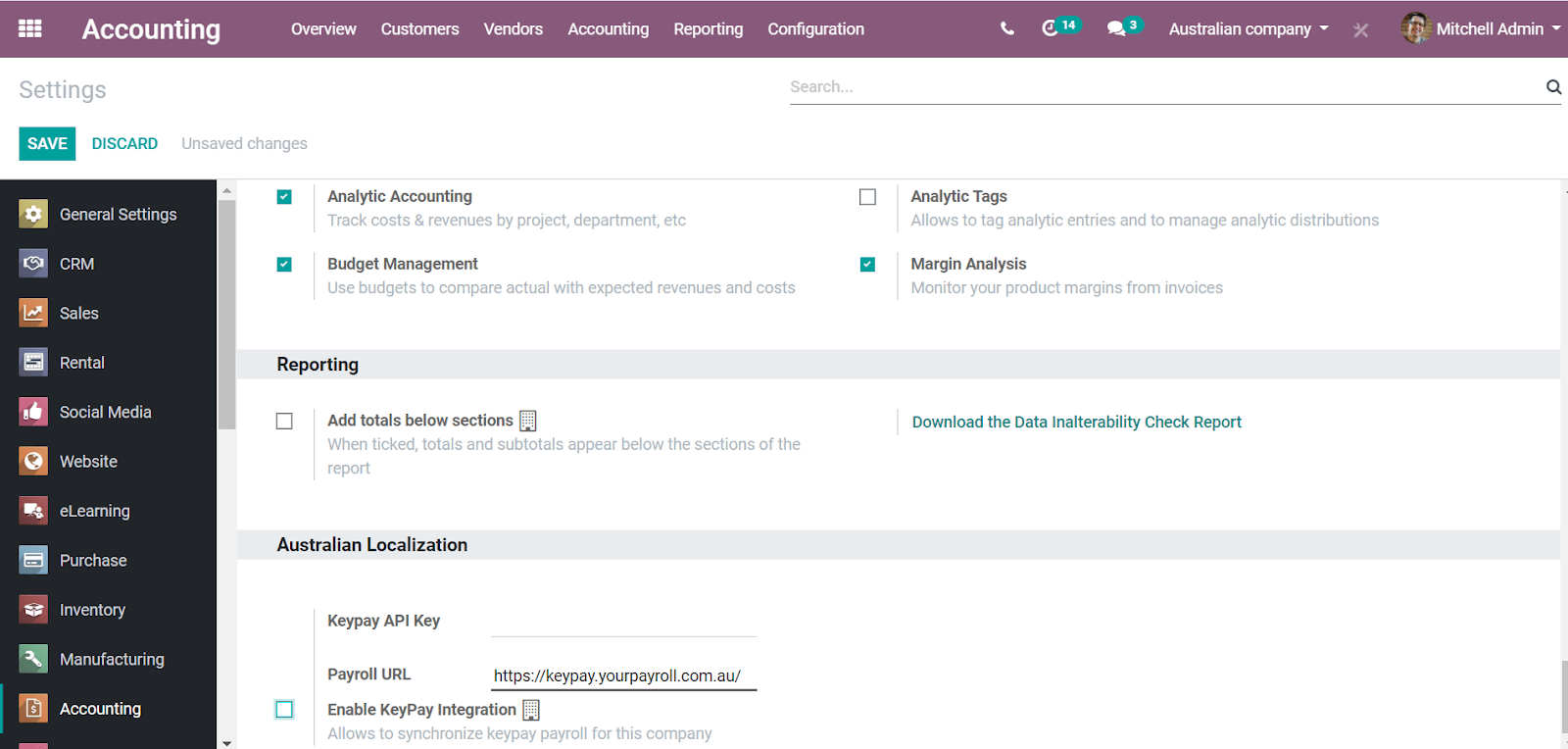openAPPone Accounting settings includes a section for the Australian Loclization