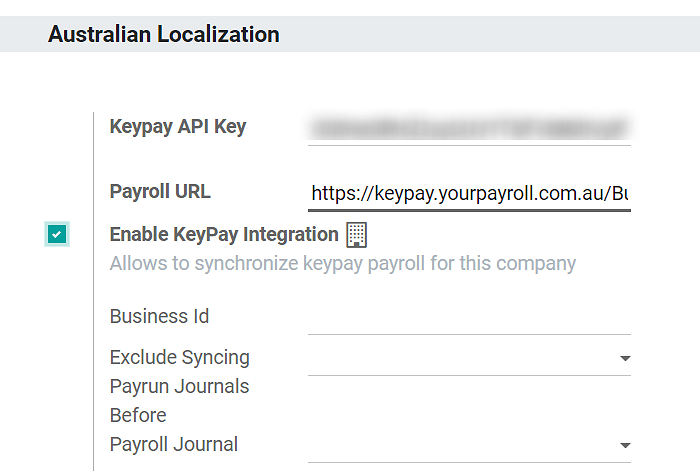 Enabling KeyPay Integration in openAPPone Accounting displays new fields in the settings