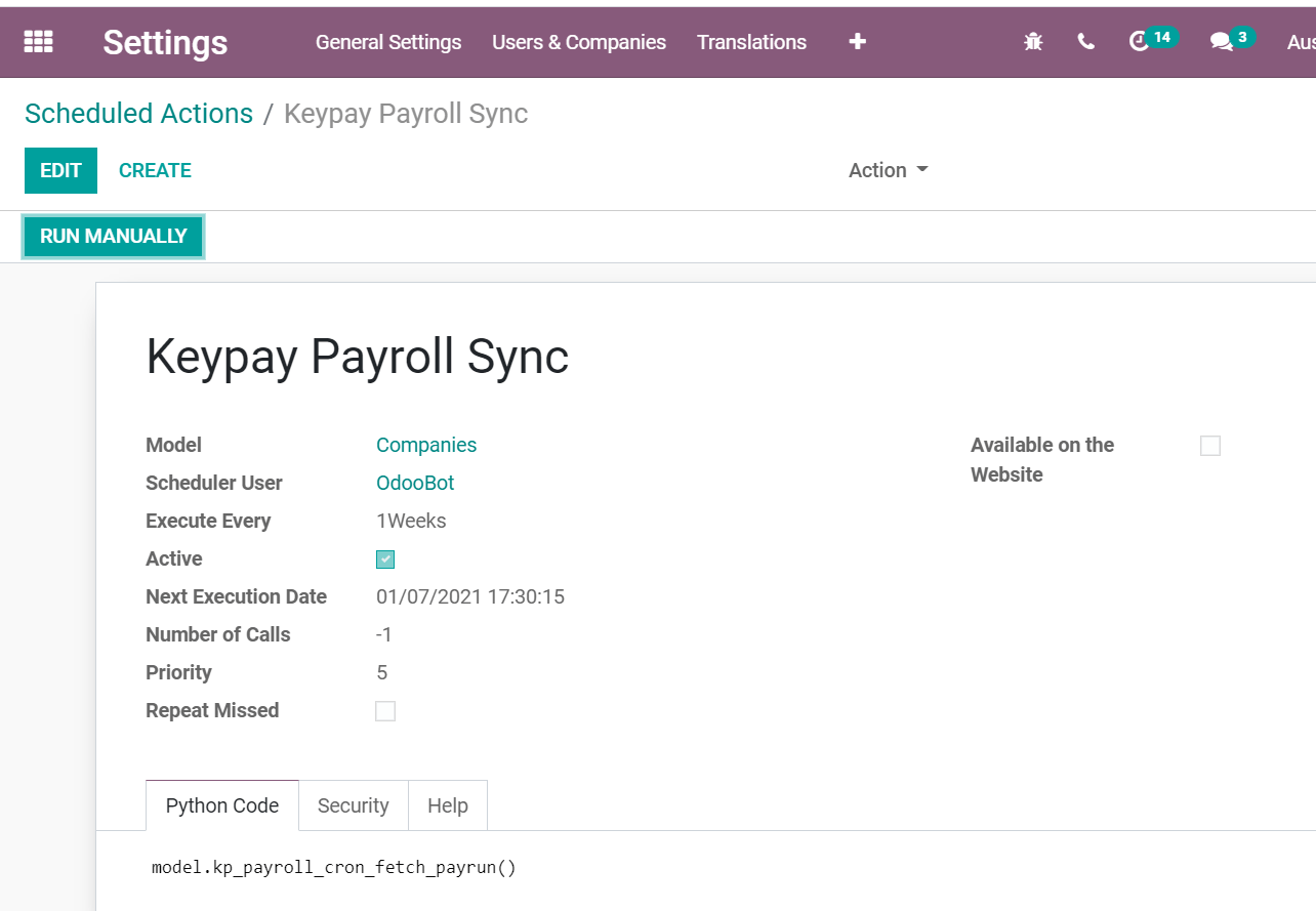 Scheduled Actions settings for KeyPay Payroll in openAPPone (debug mode)