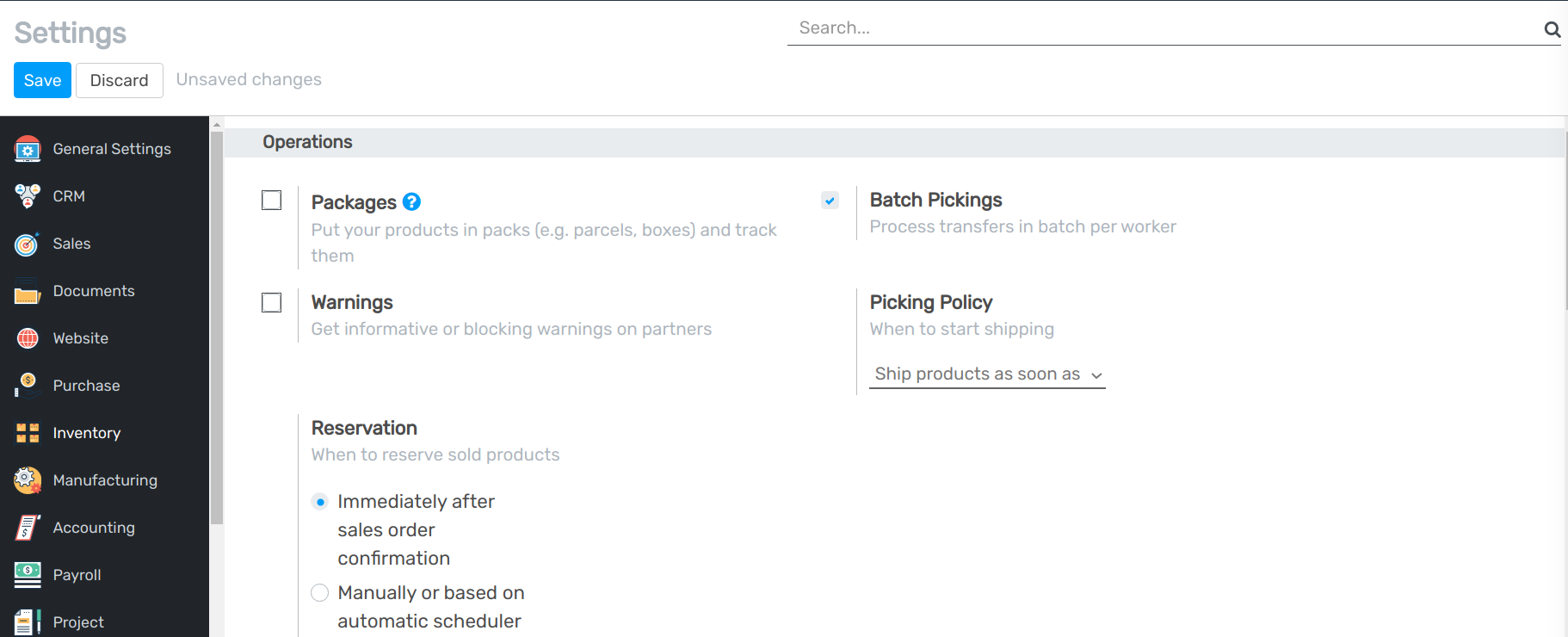 View of the inventory settings. Process to enable the batch pickings option in the openAPPone Inventory app
