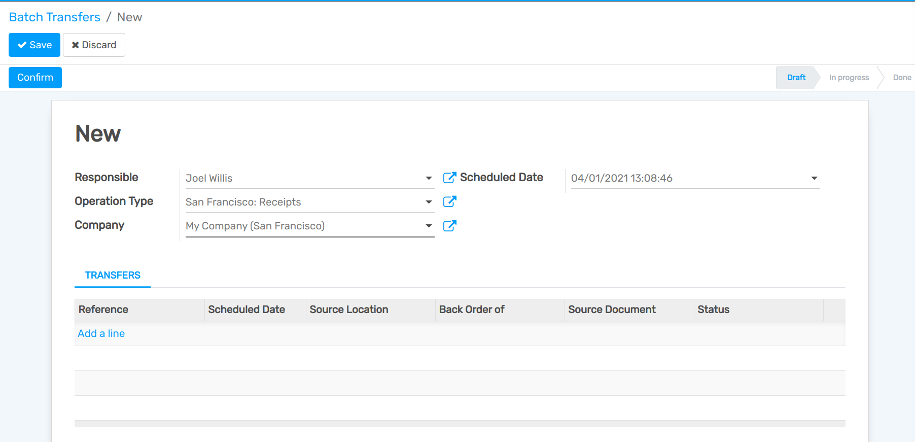 View of a Batch Transfers form