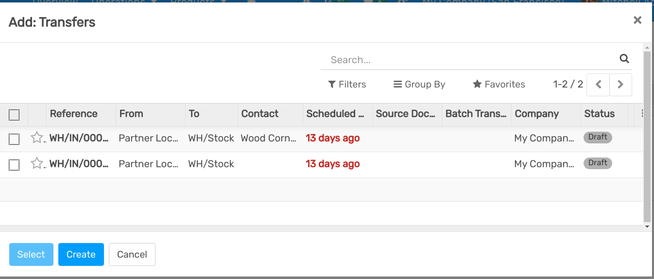 View of the list of transfers to choose for a single batch transfer and how to add them to the batch transfer