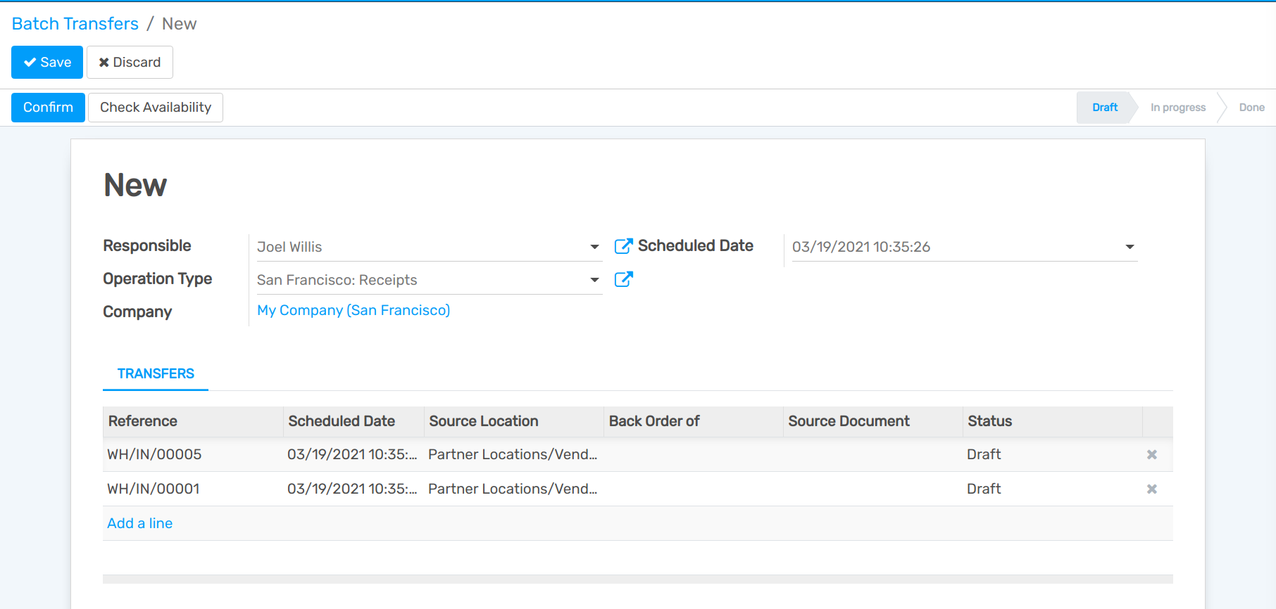 View of a batch transfer list. Products to pick with their source and target locations