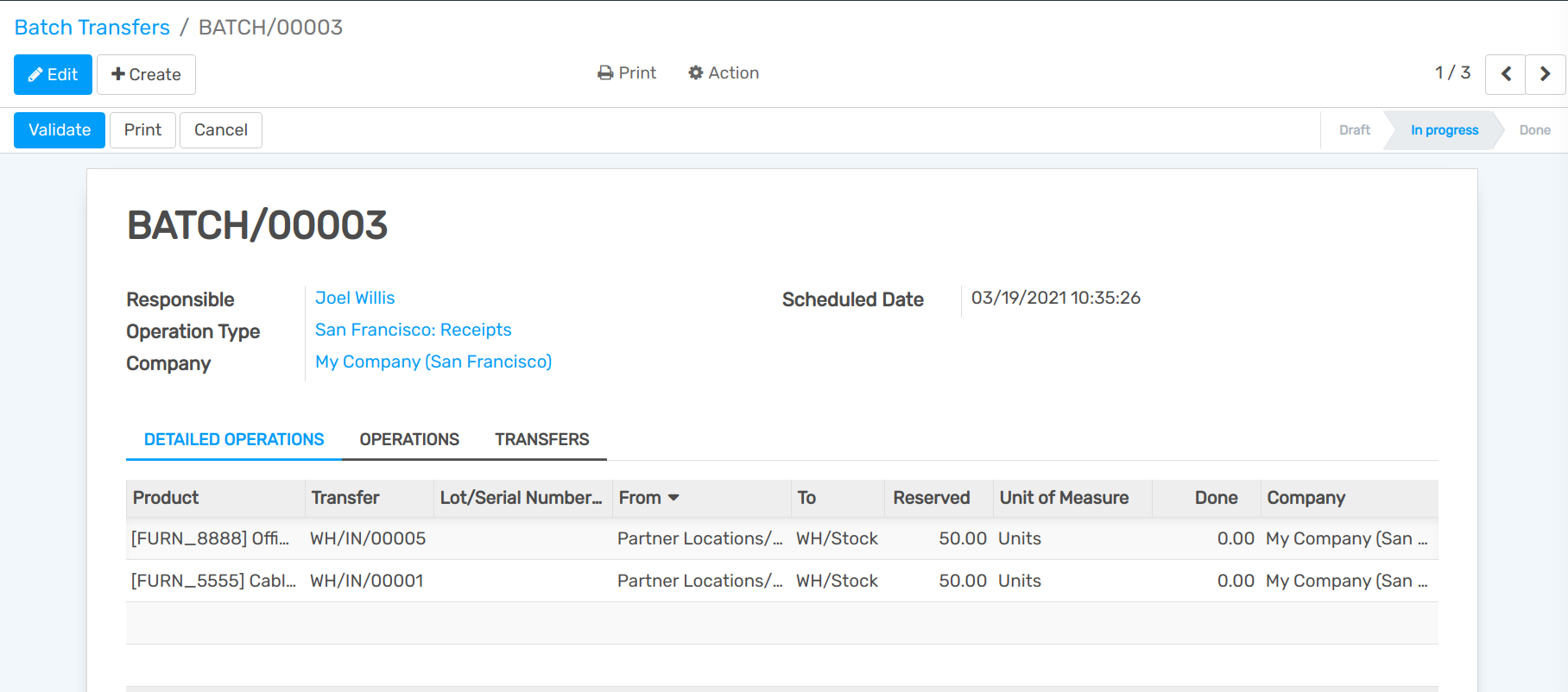 View of an in progress batch transfer