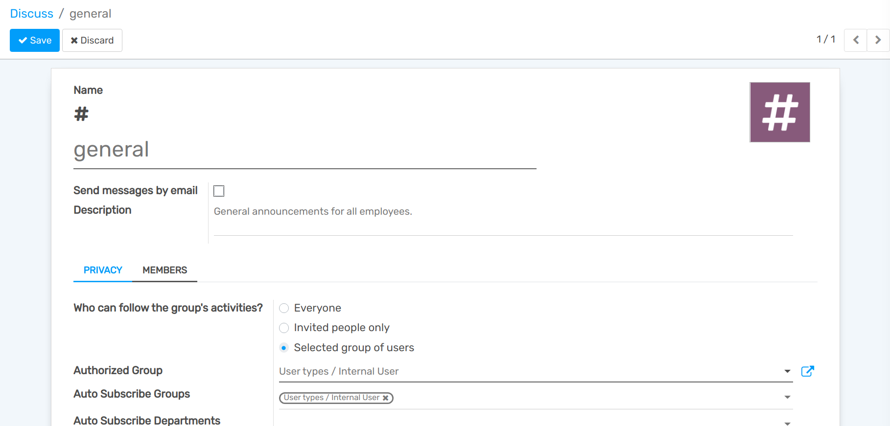View of a channel’s settings form in openAPPone Discuss
