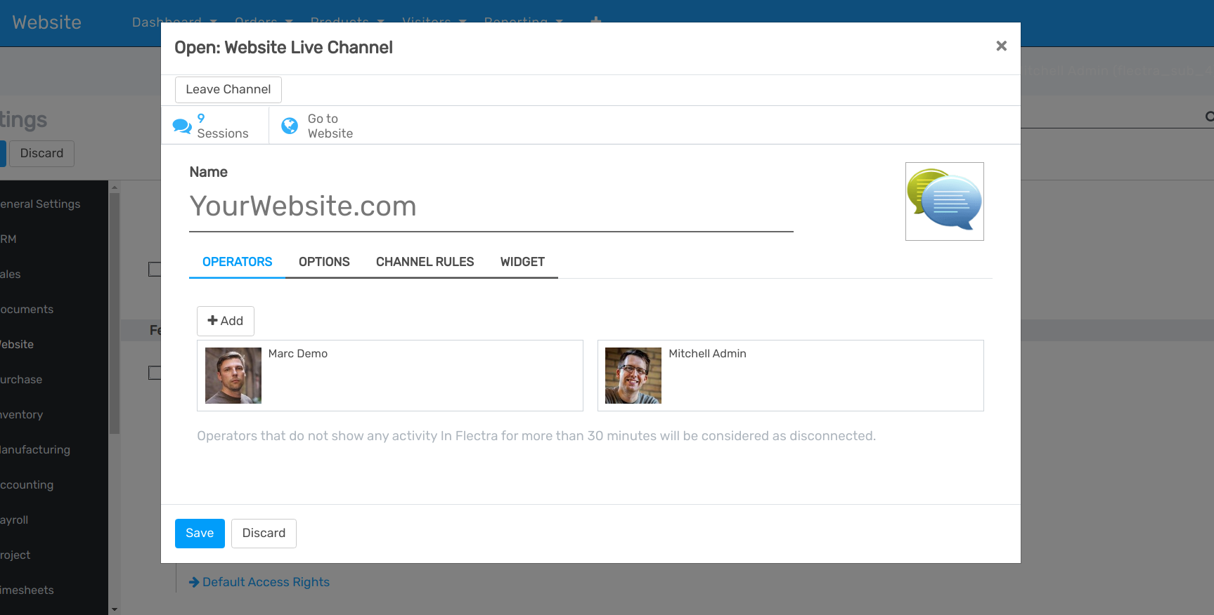 View of a live chat channel form for openAPPone Live Chat
