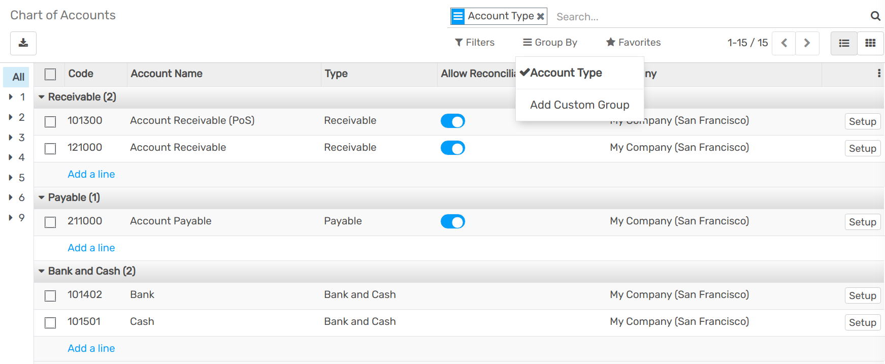 Group the accounts by type in openAPPone Accounting