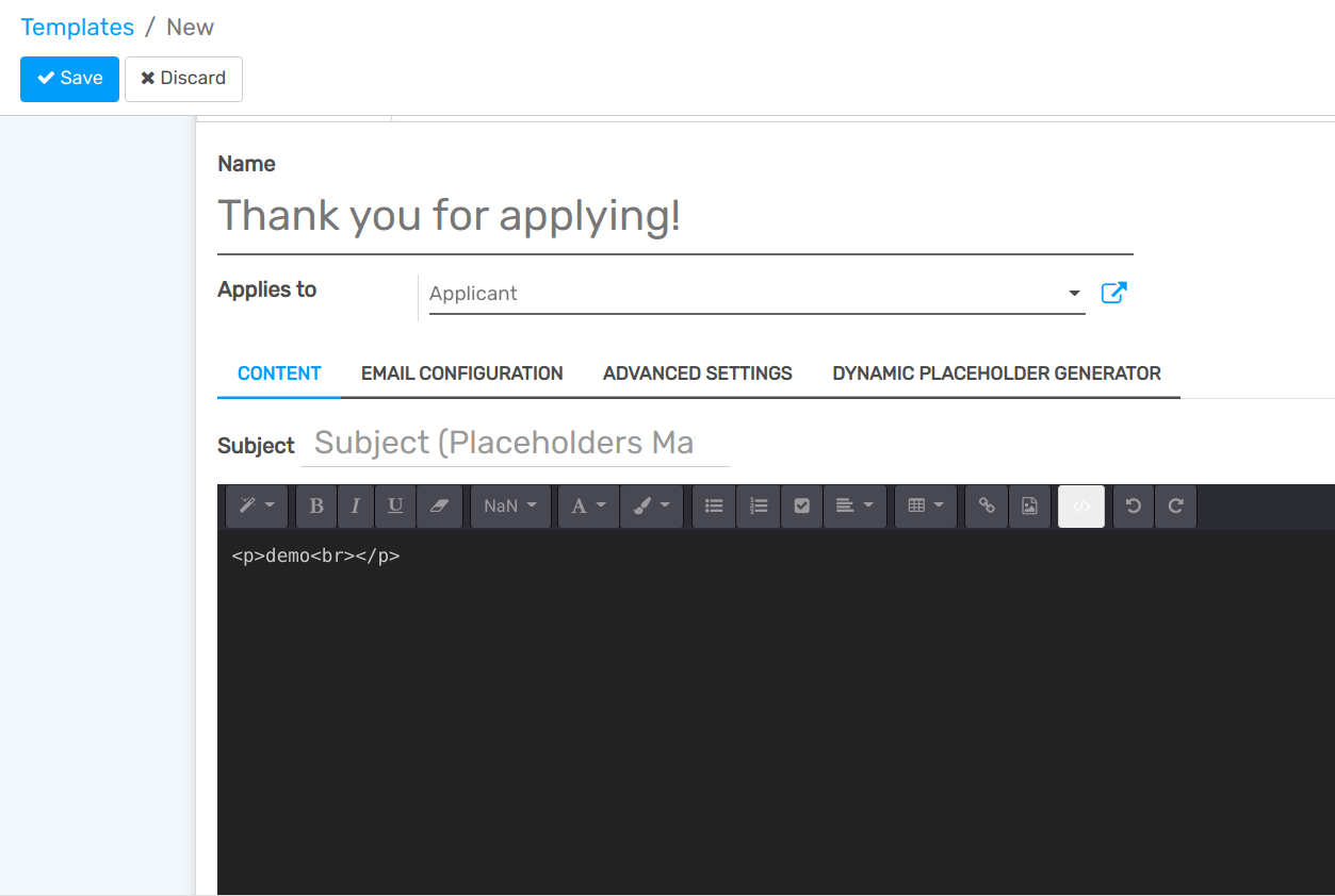 View of the body code view under the content tab in openAPPone
