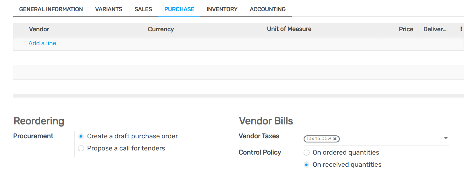 Vendor bills default control setting for new products in openAPPone Purchase