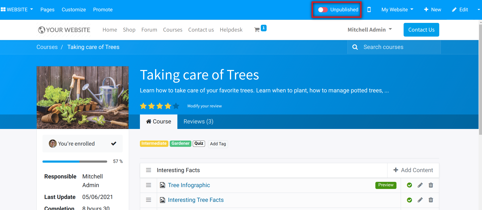 View of a course being published for openAPPone Helpdesk