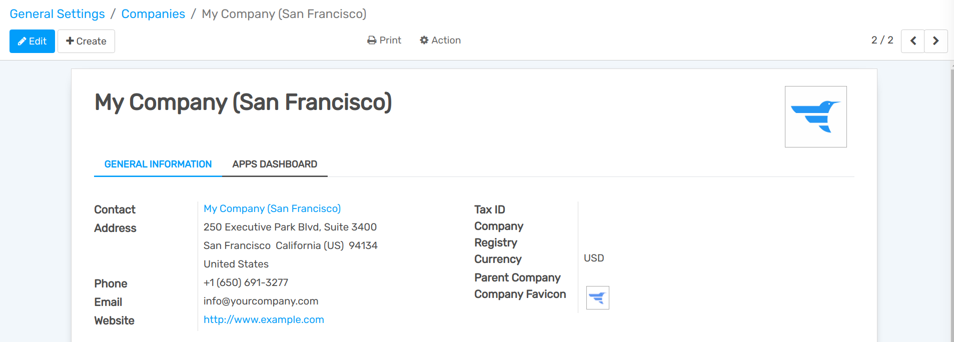 Overview of a new company's form in openAPPone