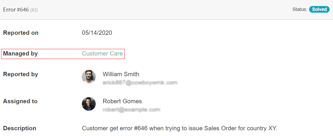 View of the helpdesk ticket from a user’s portal emphasizing the link to the helpdesk team in openAPPone Helpdesk