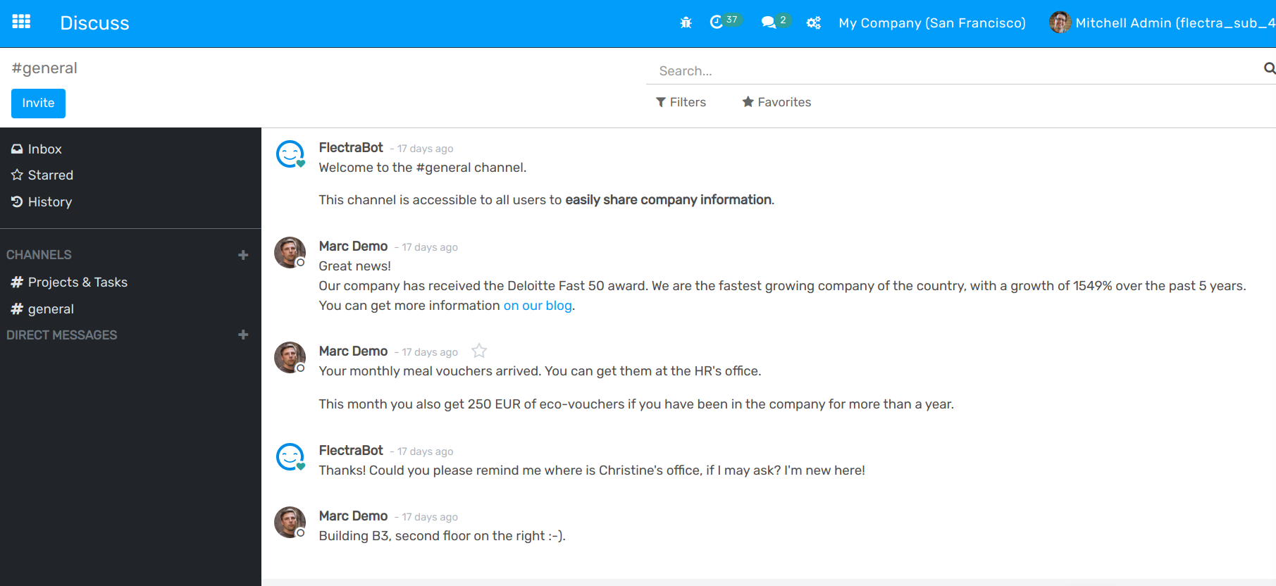 View of the discuss application with a message sent through live chat in openAPPone