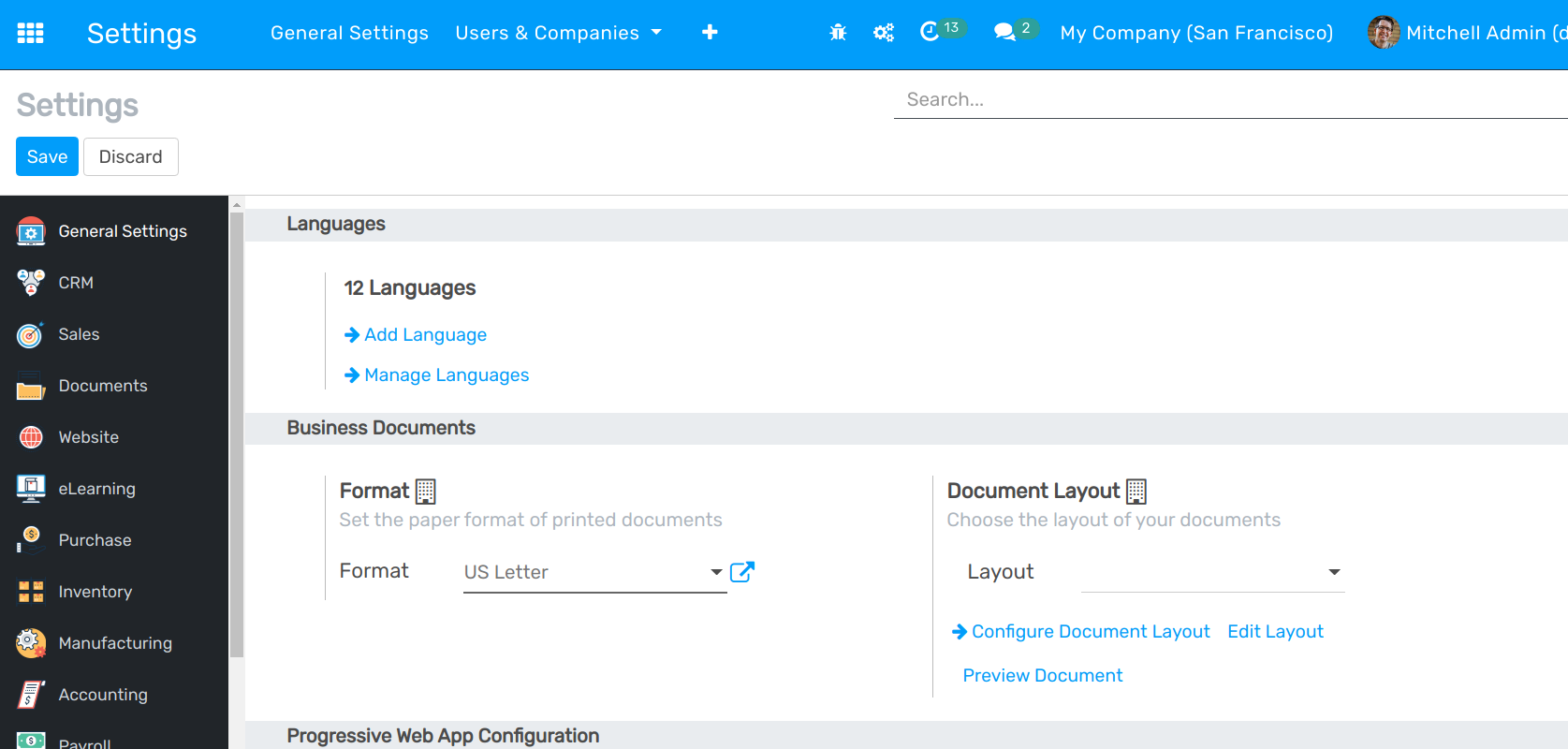 View of the settings page emphasizing the document layout field in openAPPone