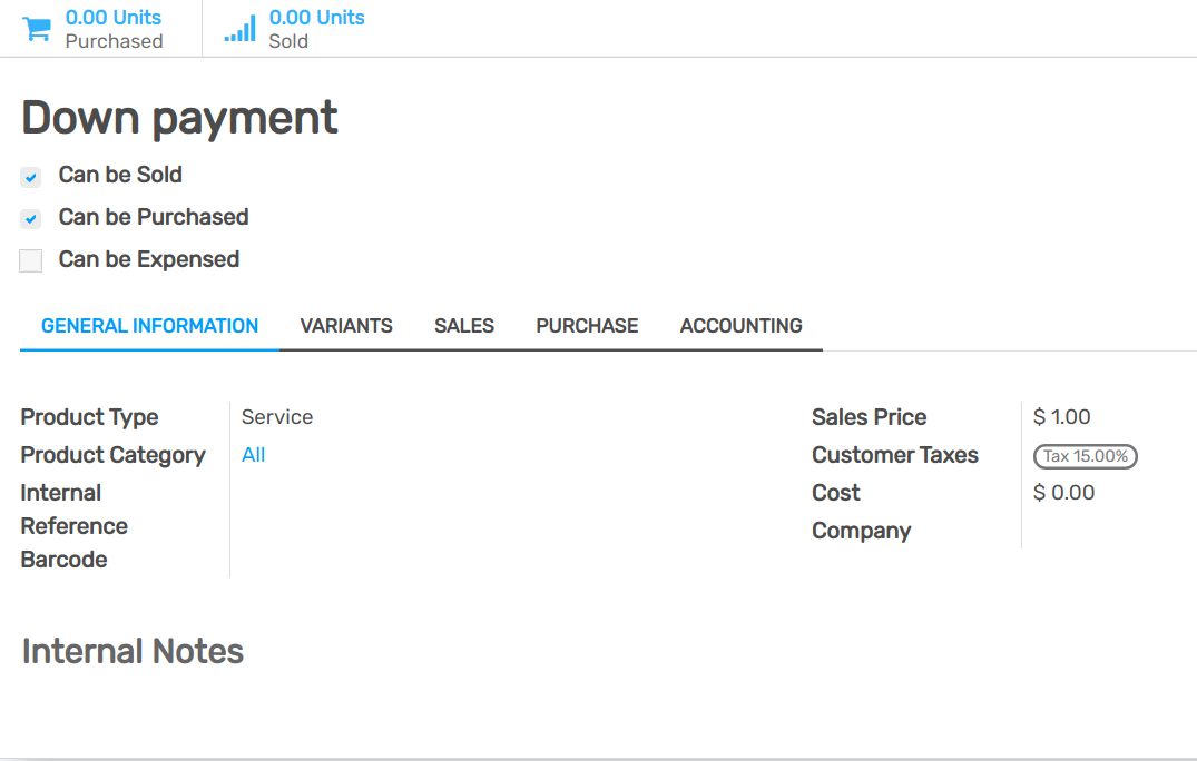 How to modify the income account link to down payments