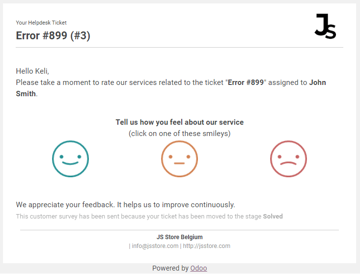 View of a standard helpdesk customer review email template for openAPPone Helpdesk