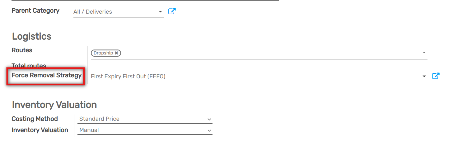 view of the FEFO strategy being set up as forced removal strategy.