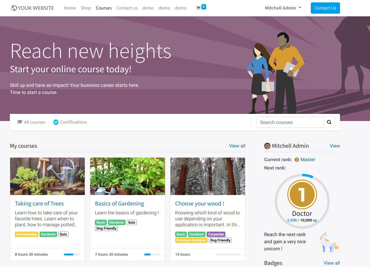 View of the courses tab emphasizing the latest achievements section on the website for openAPPone Surveys