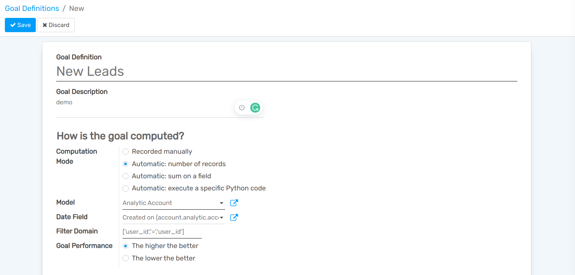View of the goal definition form and a goal definition being created for openAPPone Sales