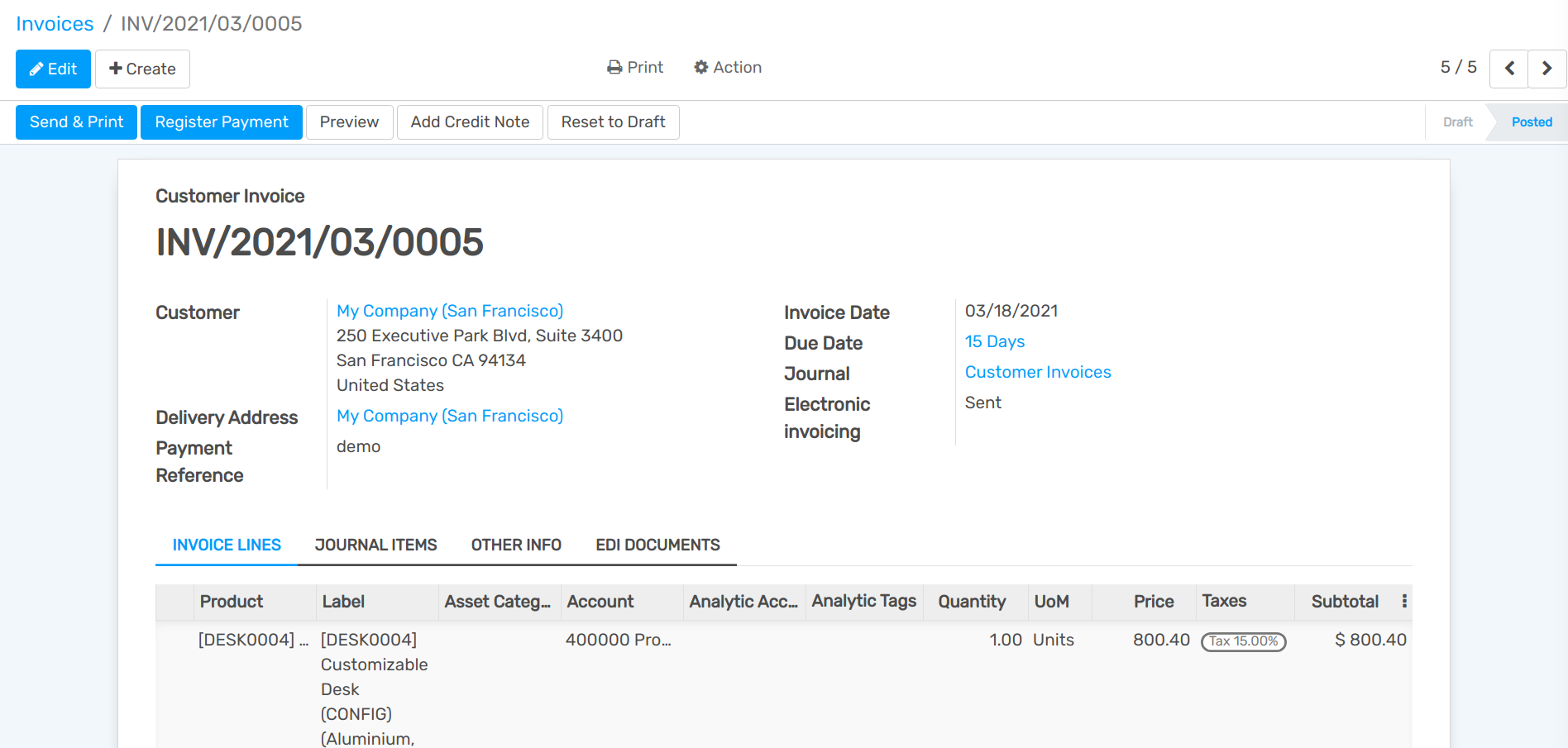 View of an invoice for JS Store US created on JS Store Belgium in openAPPone