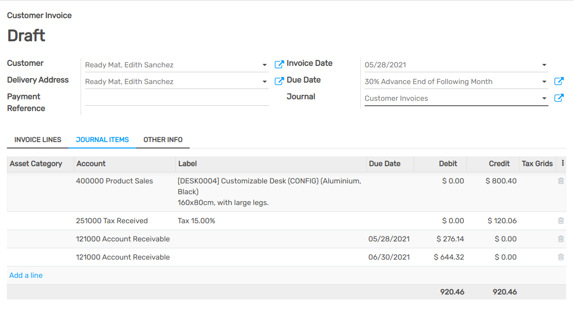 Der auf dem Forderungskonto belastete Betrag wird in zwei Journalposten mit unterschiedlichen Fälligkeitsdaten