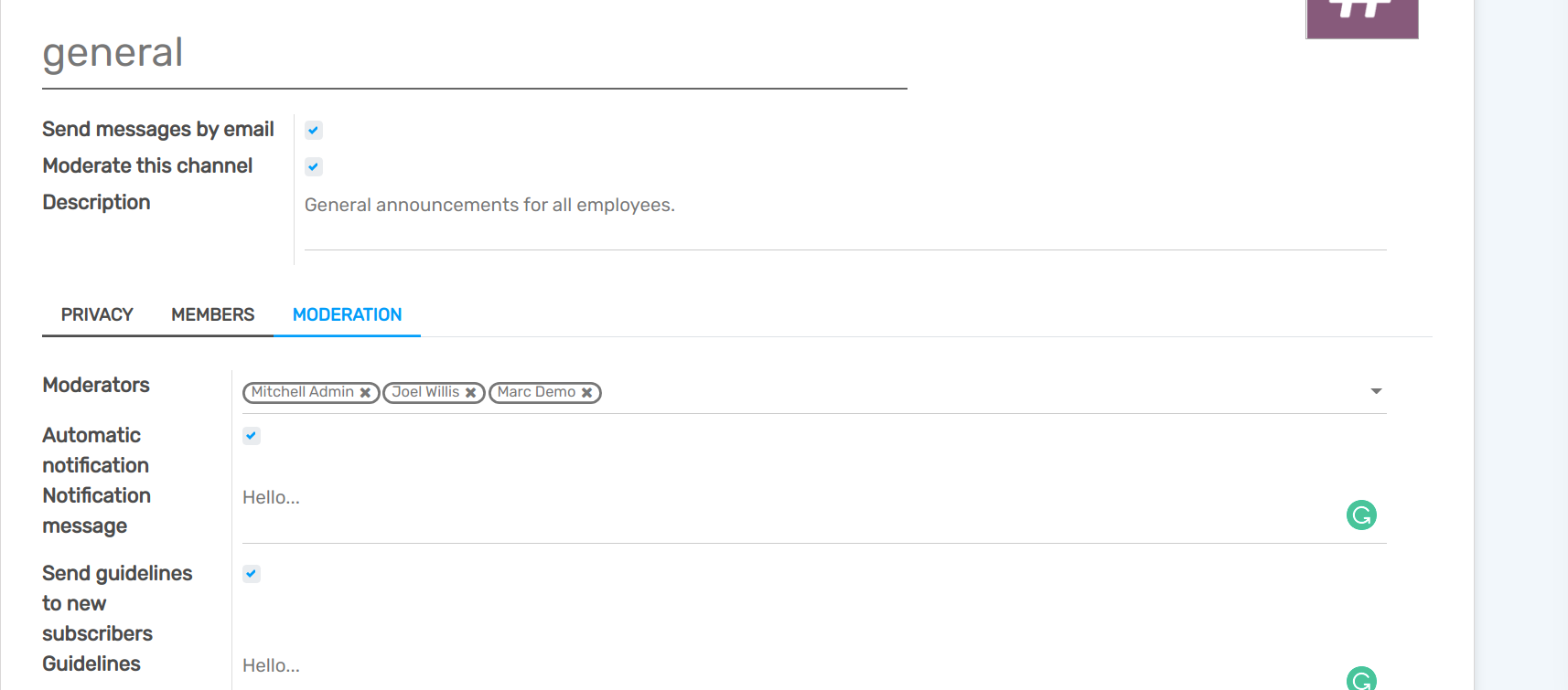 View of a channel’s settings form emphasizing the tab moderation in openAPPone Discuss