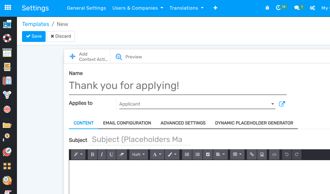 New email template form in openAPPone