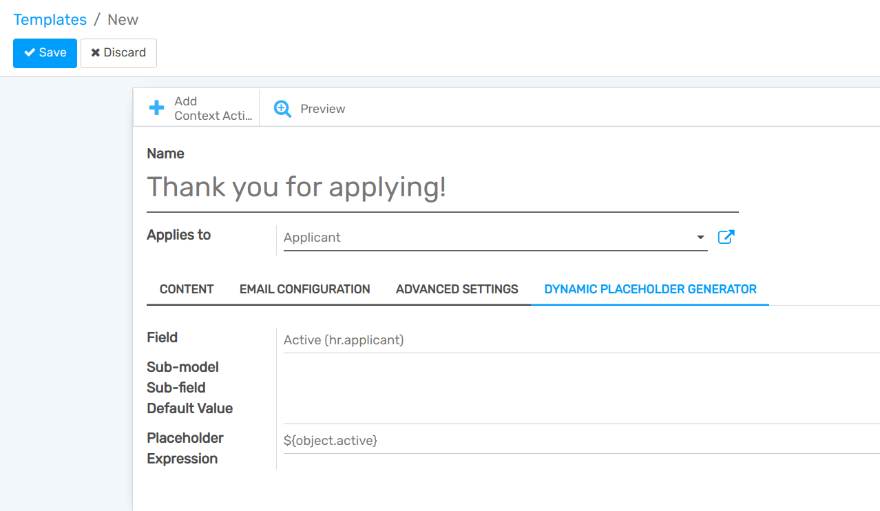 View of the dynamic placeholder generator tab under a new template in openAPPone