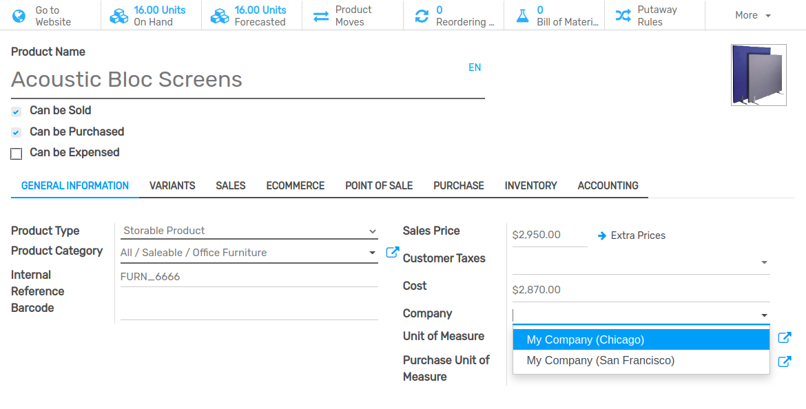View of a product's form emphasizing the company field in openAPPone Sales