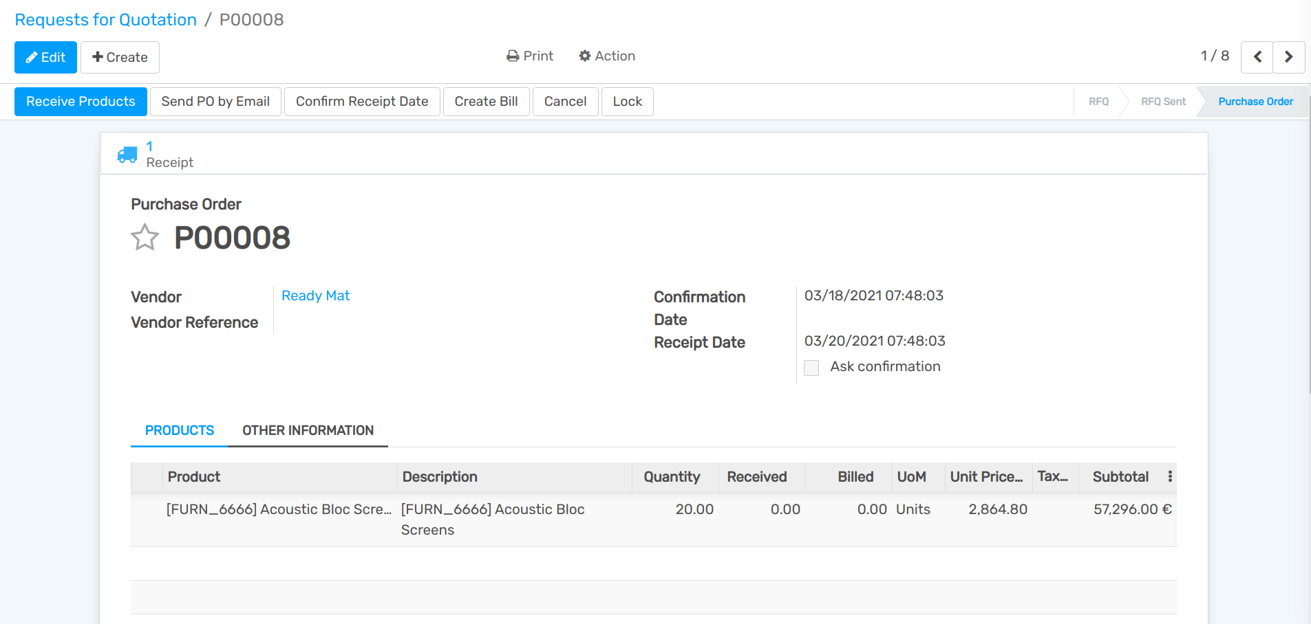 View of the purchase created on JS Store US from JS Store Belgium in openAPPone