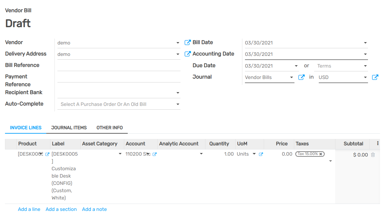 Fill out the draft purchase receipt in openAPPone Accounting