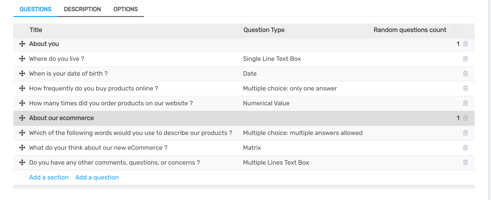 View of a survey form emphasizing the random questions count column in openAPPone Surveys