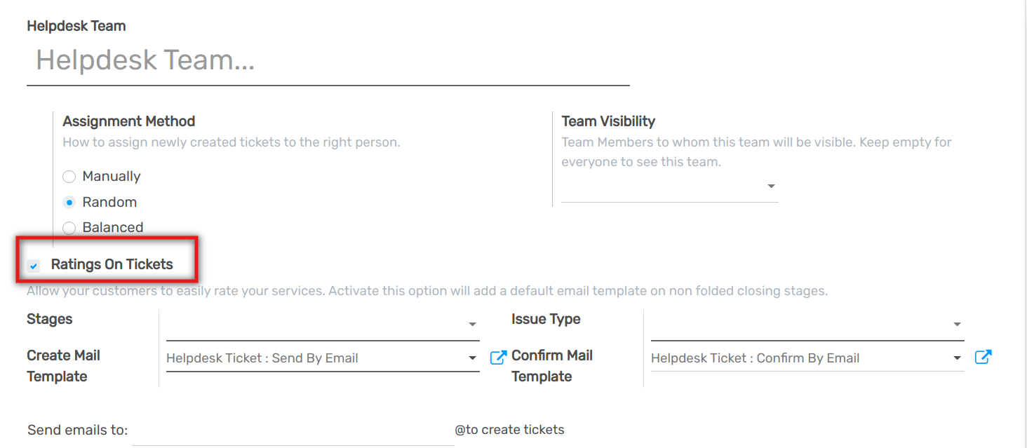 Overview of the settings page of a helpdesk team emphasizing the rating on ticket feature in openAPPone Helpdesk