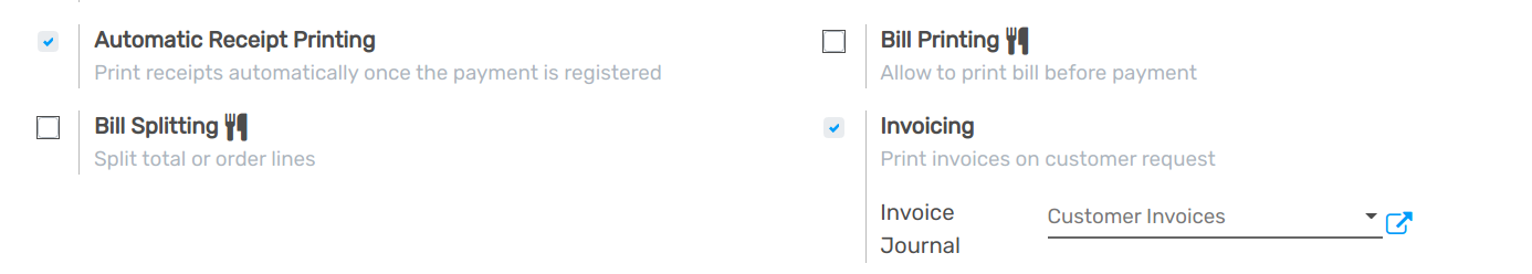Several restaurant features. Bill printing, bill splitting and tips