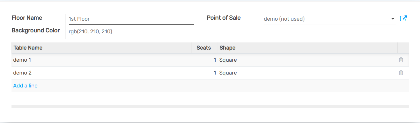 Backend view of a restaurant floor. Table name and number of sits for each table
