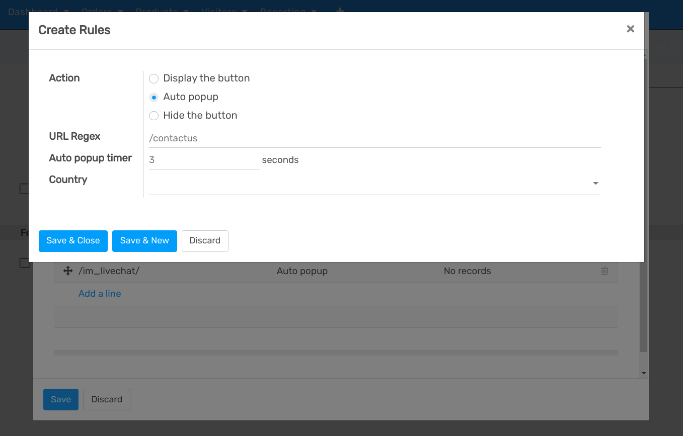 View of a channel’s rules form for openAPPone Live Chat