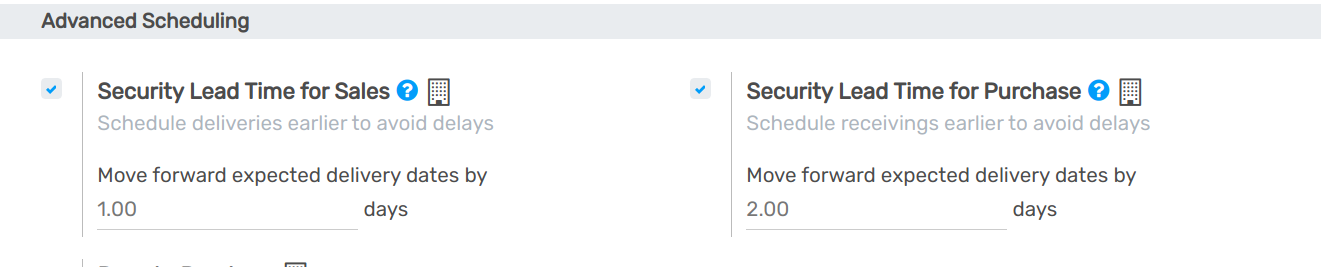 View of the security lead time for purchase from the inventory settings