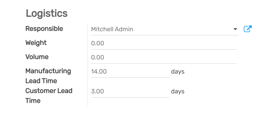 View of the manufacturing lead time configuration from the product form