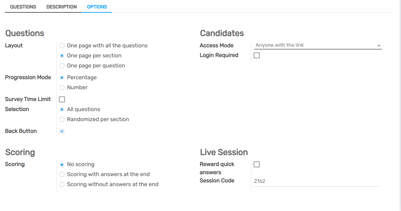 Form view of a survey emphasizing the scoring and candidates section in openAPPone Surveys