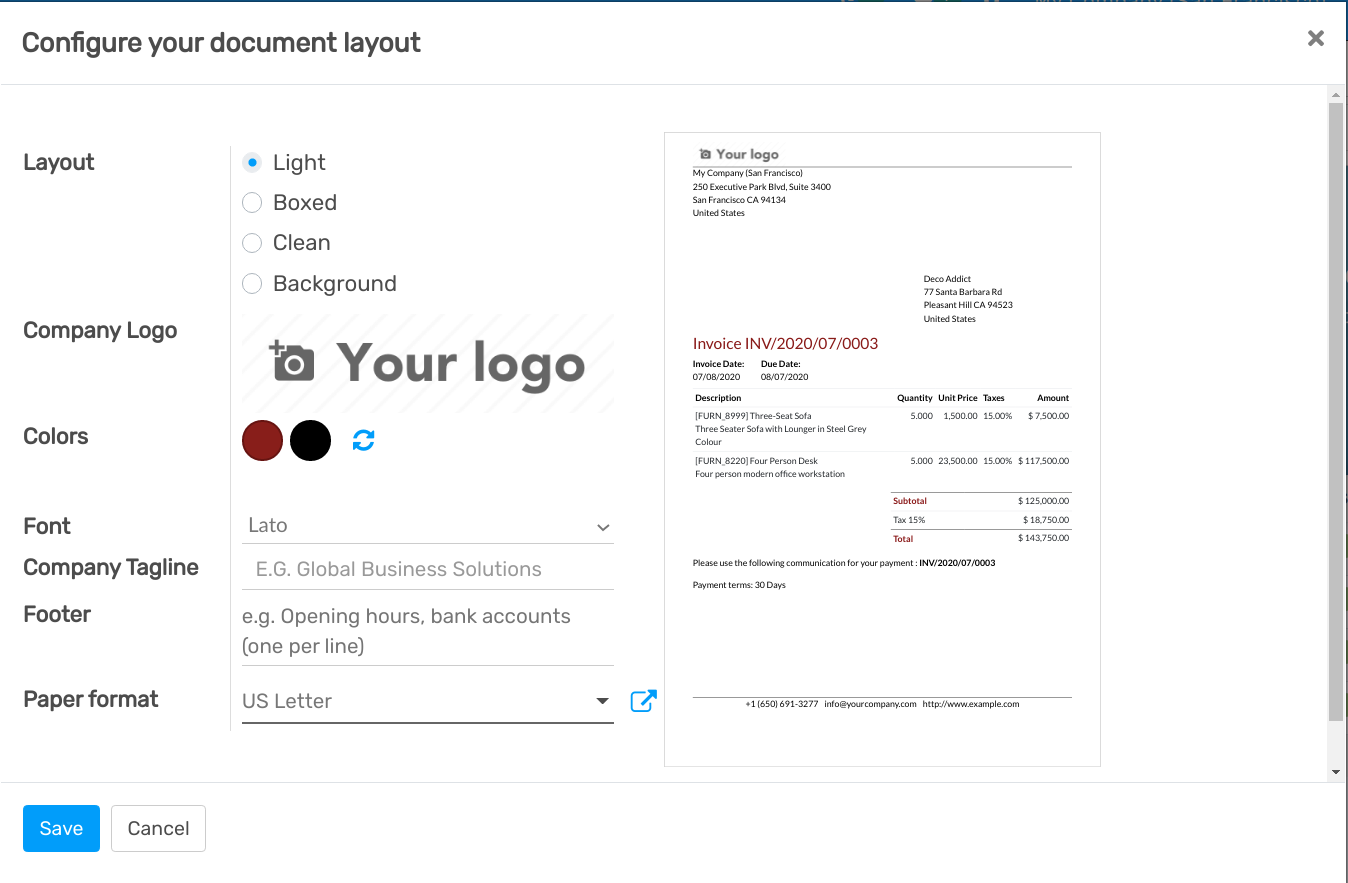 Document layout configuration in openAPPone Invoicing