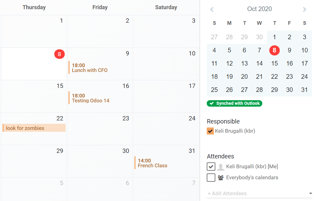 View of openAPPone's Calendar synched with Outlook's Calendar