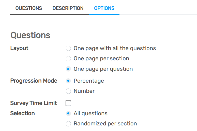 Form view of a survey emphasizing the layout feature under options in openAPPone Surveys