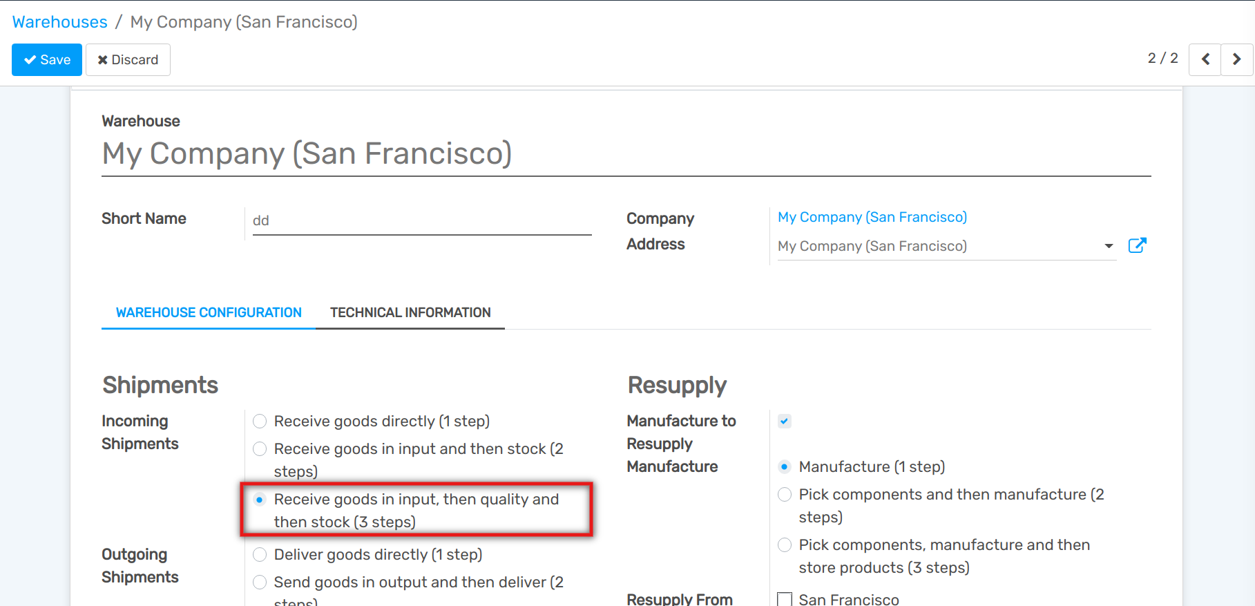 View of the incoming shipment strategy to choose to receive goods in three steps
