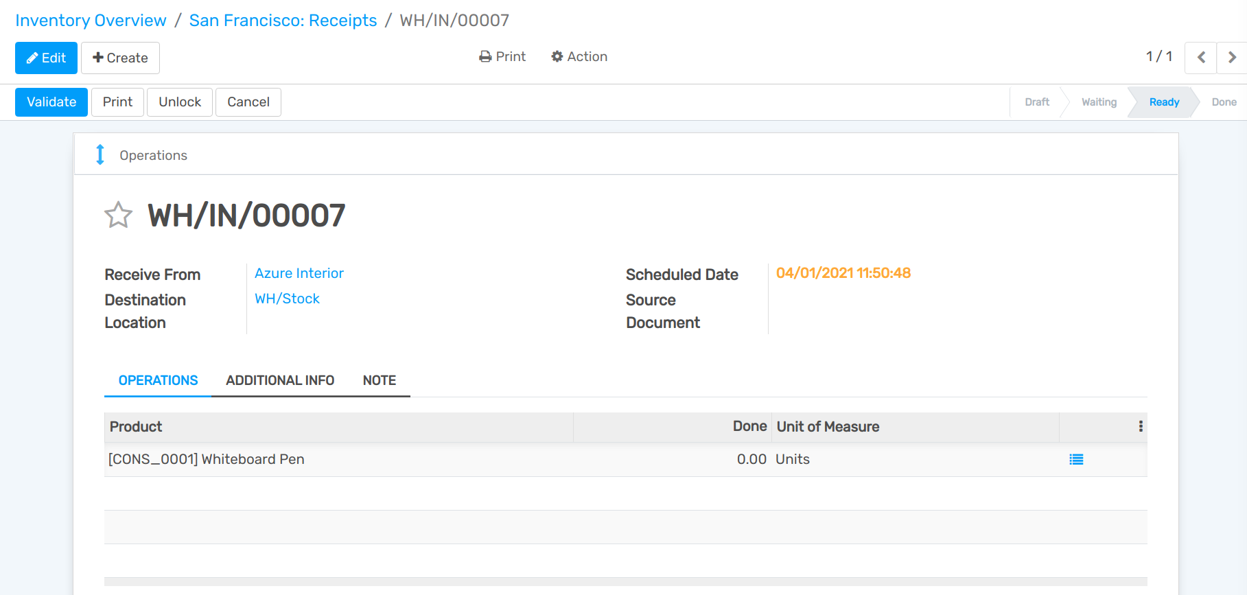 View of the move (internal transfer) from the reception area to the warehouse input area