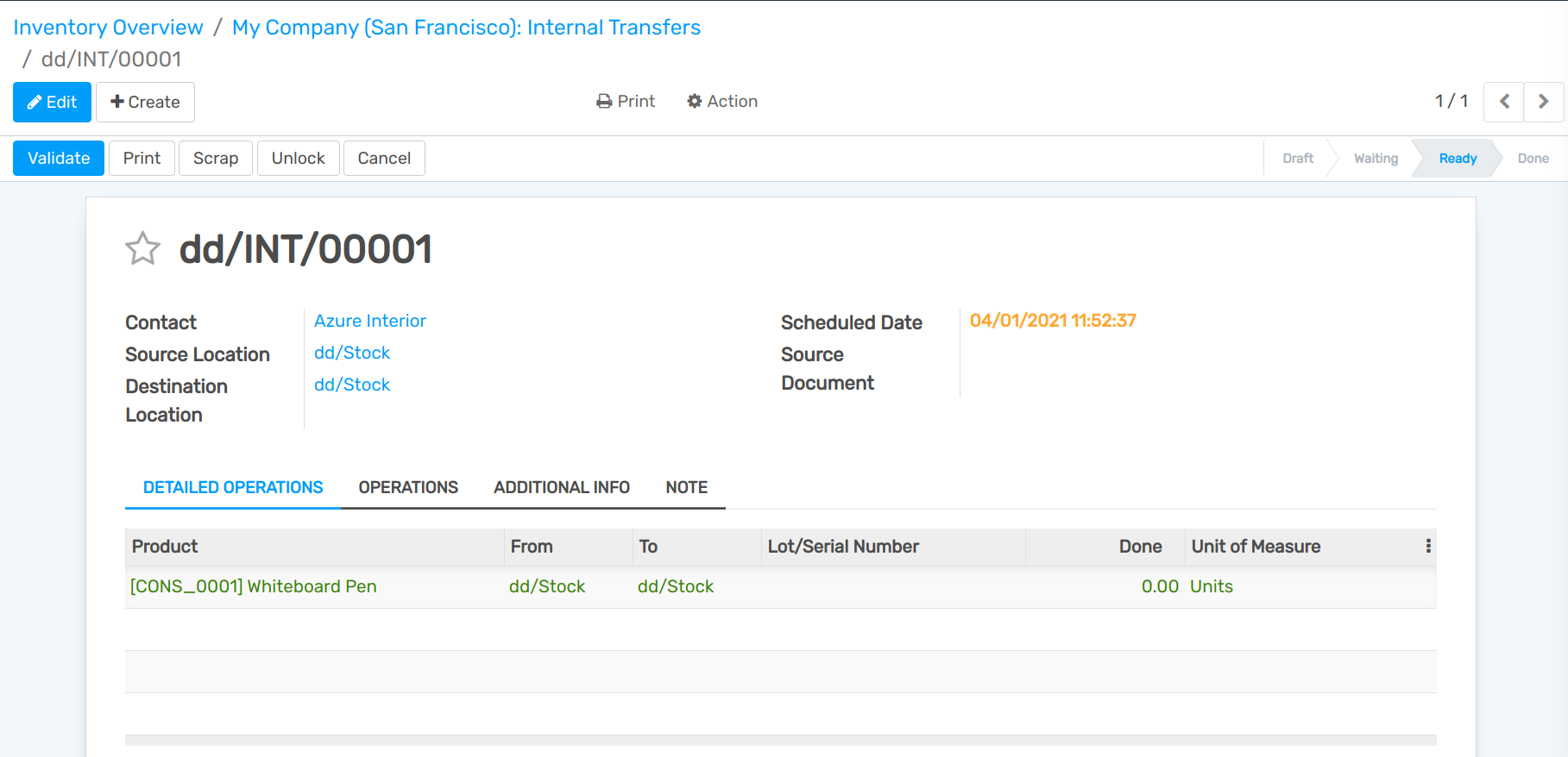 View of the move (internal transfer) from the input area to the quality control area